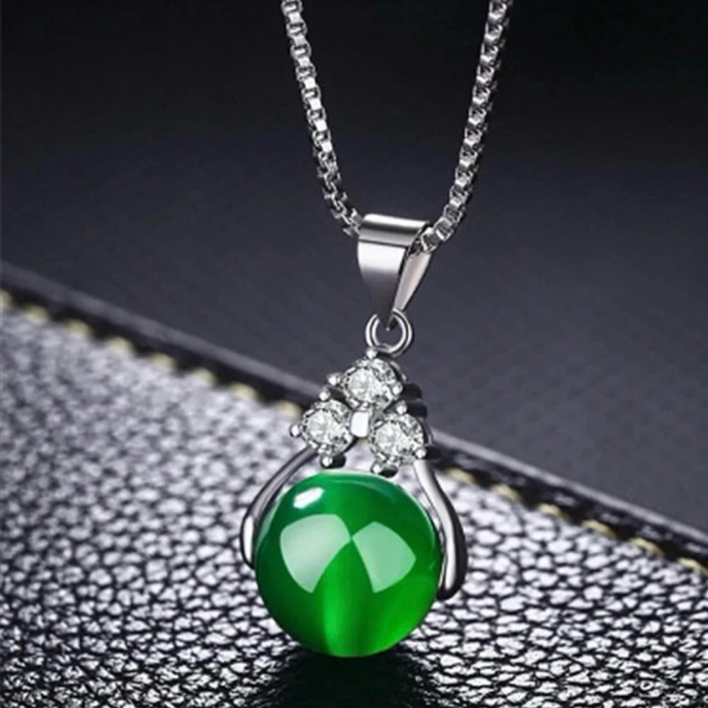 NATURAL Green Jadeite Jade Diamond Pendant Stamped 925 Sterling Silver Necklace - Picture 3 of 8